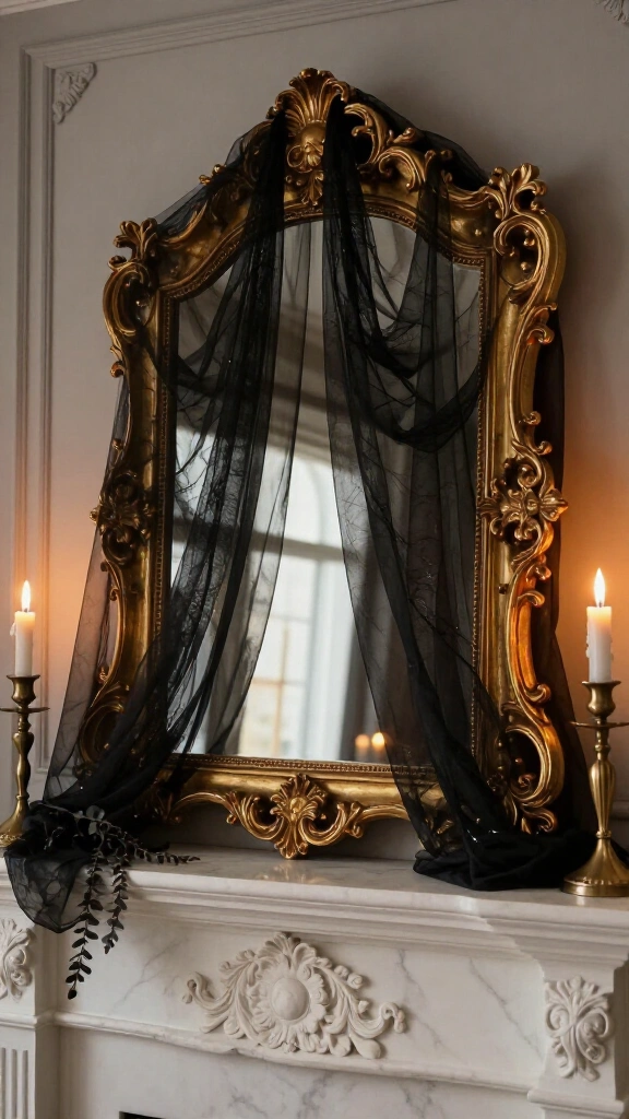 Parisian chic mirror with black gauze draping