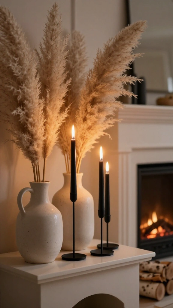 Dried pampas grass and black taper candles