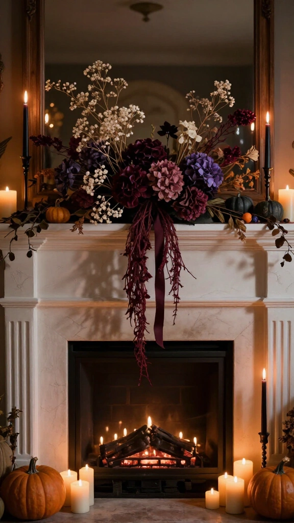 Cozy candlelit hearth with dried floral swag