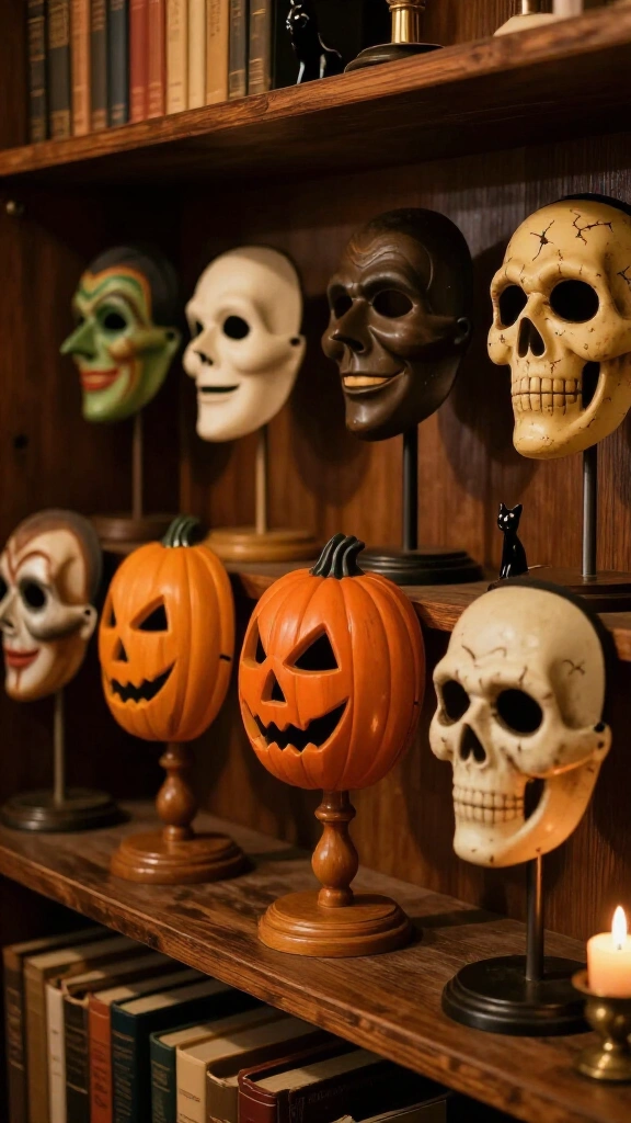 Vintage Halloween masks on wooden display stands