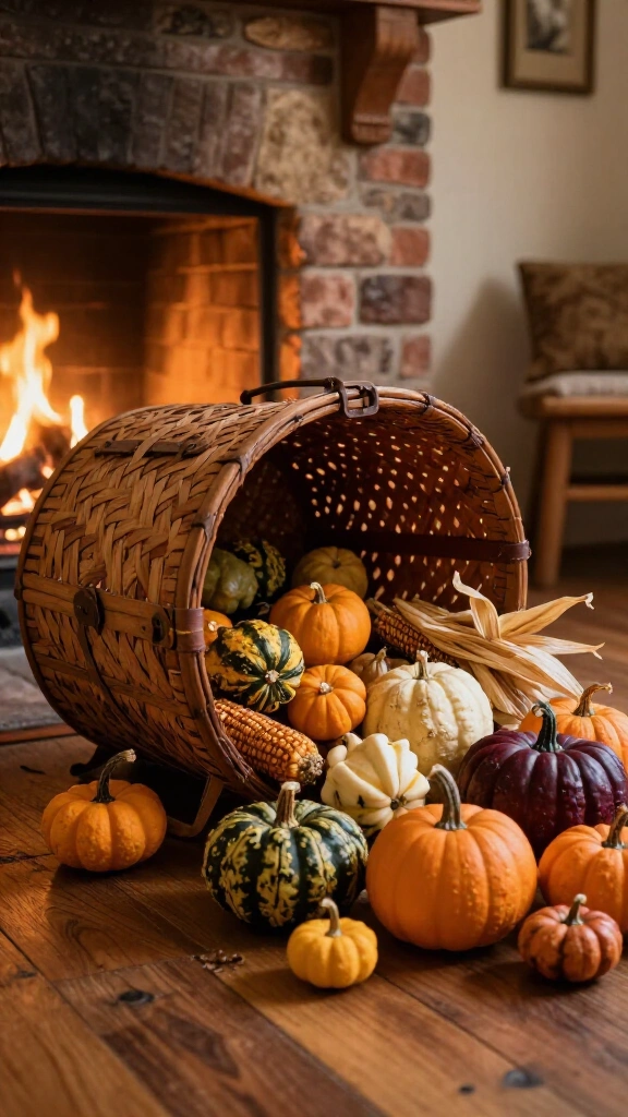 Vintage woven picnic baskets filled with heirloom gourds