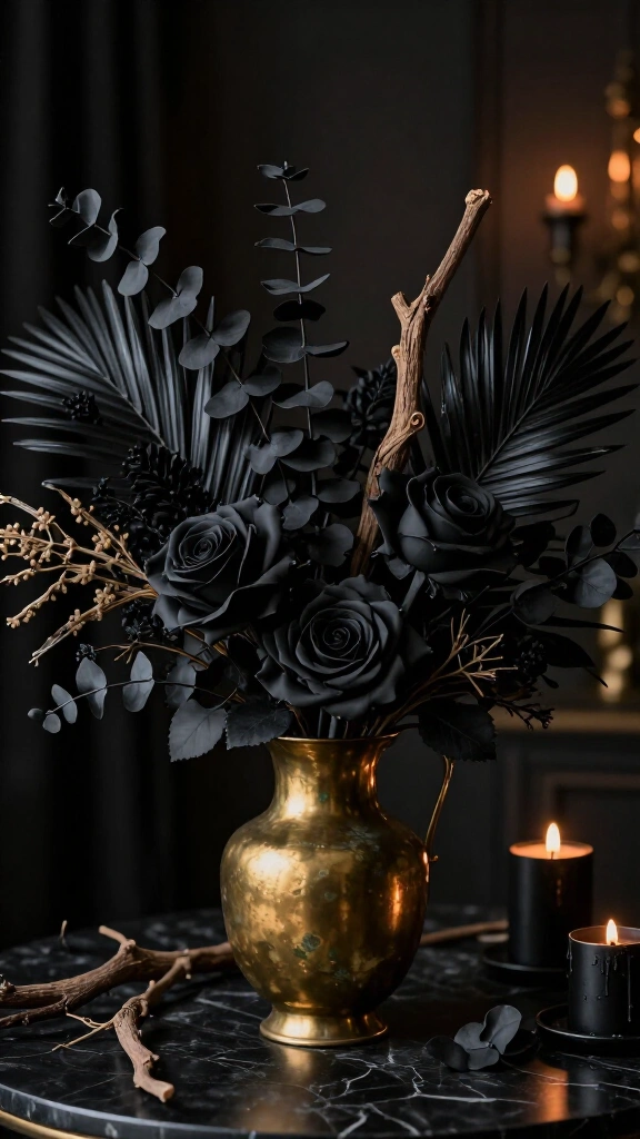 Matte black spray-painted botanicals