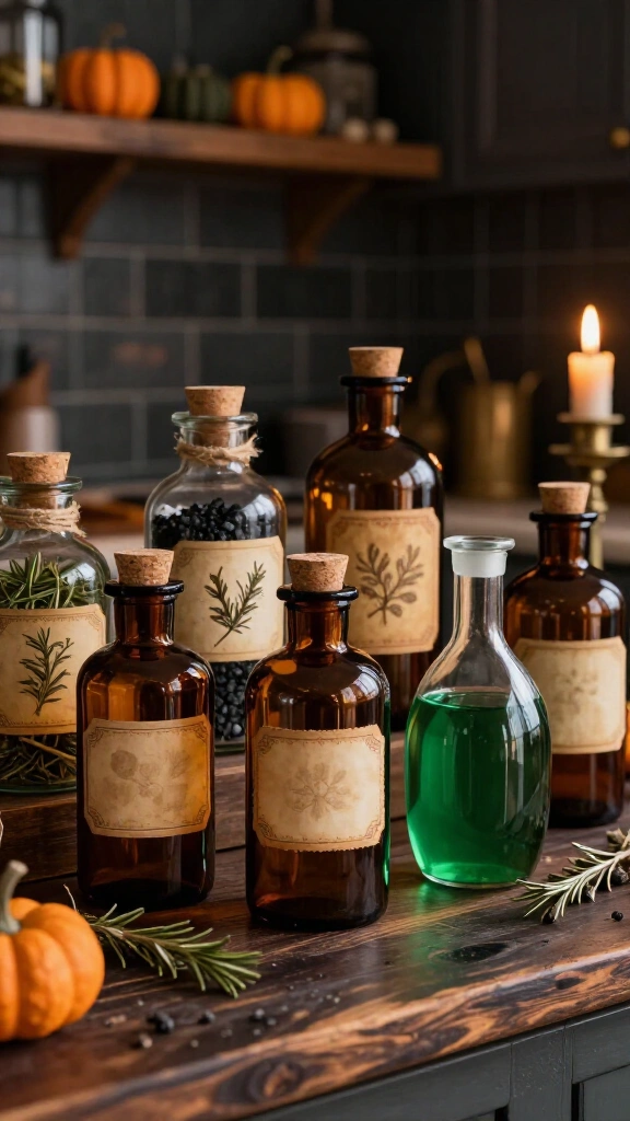 Amber glass apothecary jars and potion labels