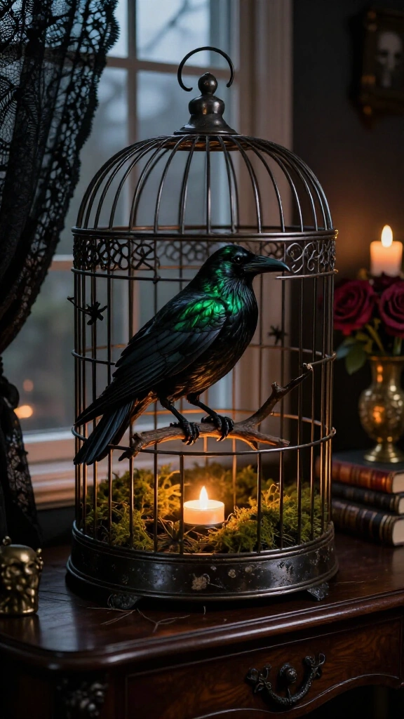 Raven-occupied vintage birdcages