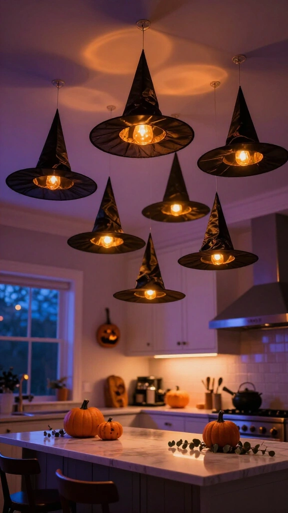 Floating witch hats on the ceiling