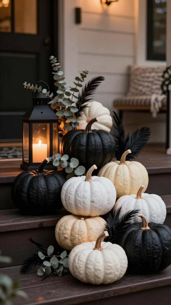 Stack a cluster of white and black pumpkins