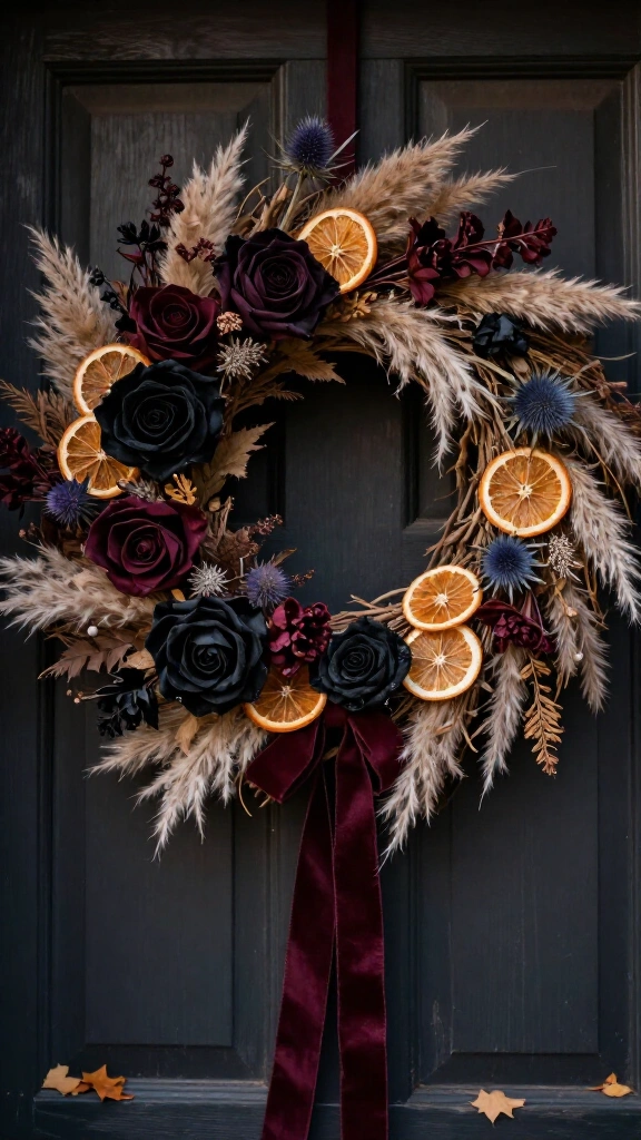 Hang a dried floral wreath with dark blooms