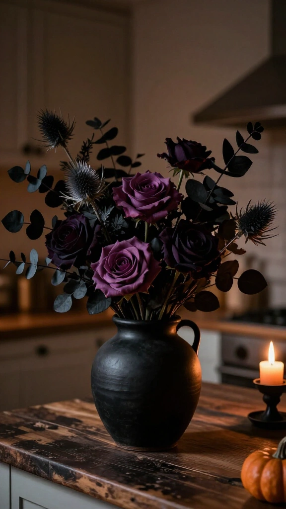 Dark faux foliage vases