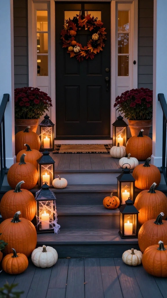 Layer your entryway with pumpkins and lanterns