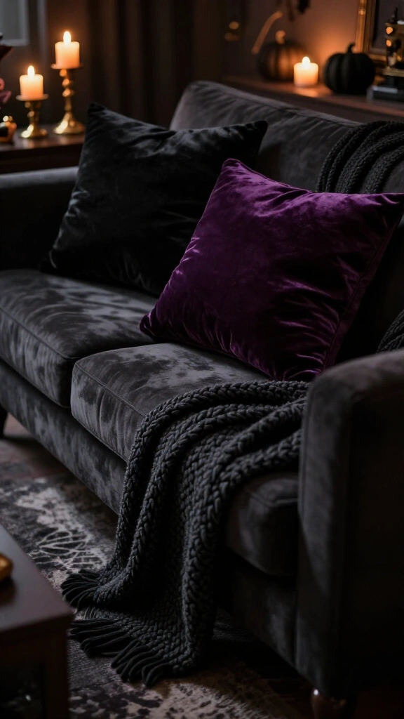 Drapes of darkness with black velvet pillows