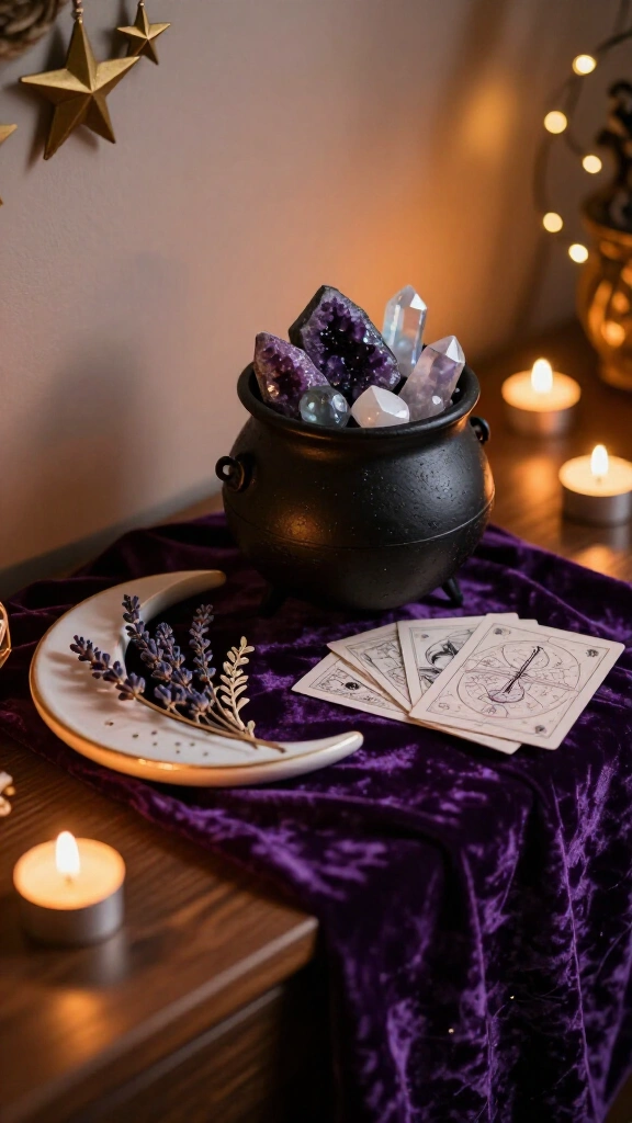 Create a celestial Halloween vignette with crystals and moons