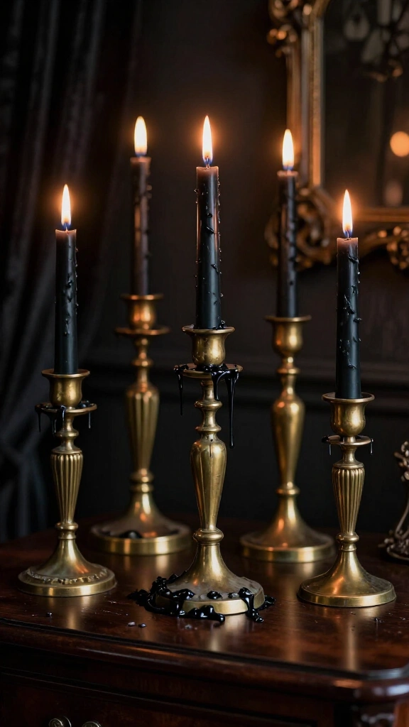 Black taper candles in tarnished brass