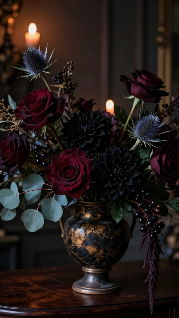 Dark floral arrangements with black roses and berries