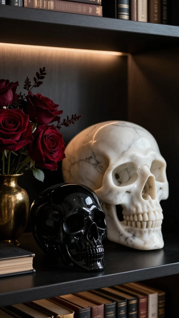 Marble and obsidian skull sculptures