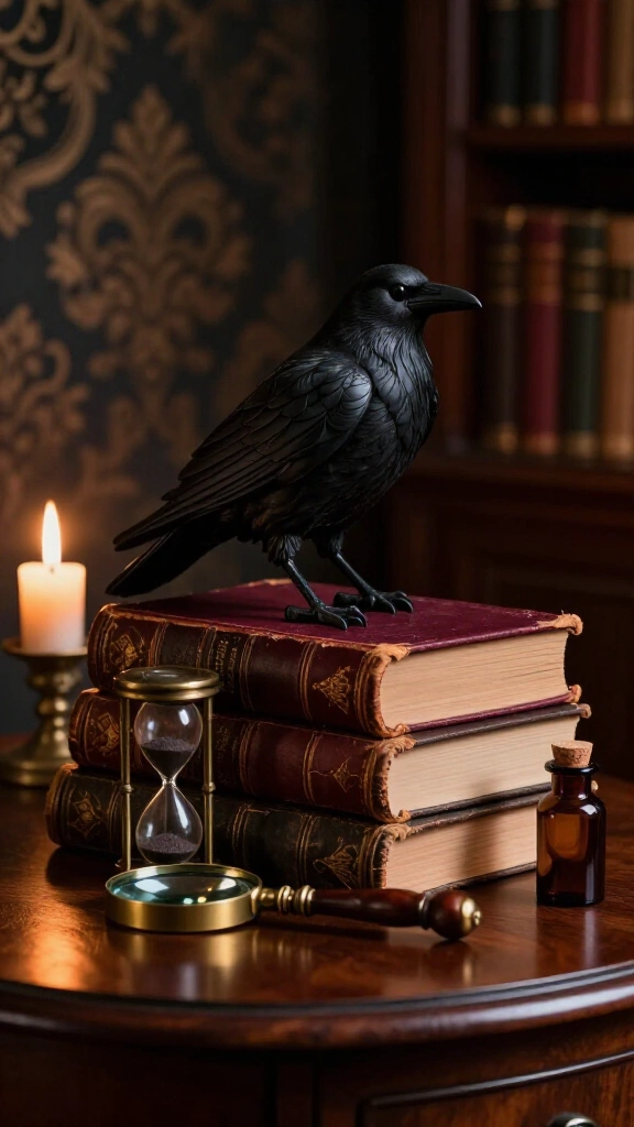 Antique book stack vignette with ravens