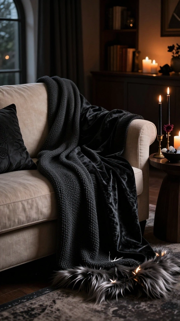 Black linen and faux fur throw blankets