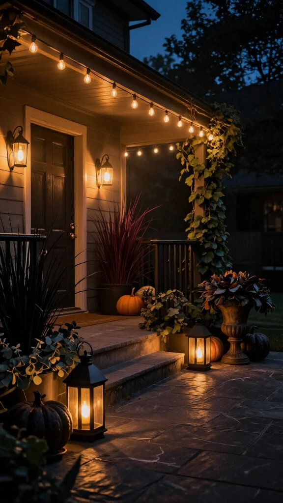 Sophisticated outdoor lighting with black lanterns and string lights