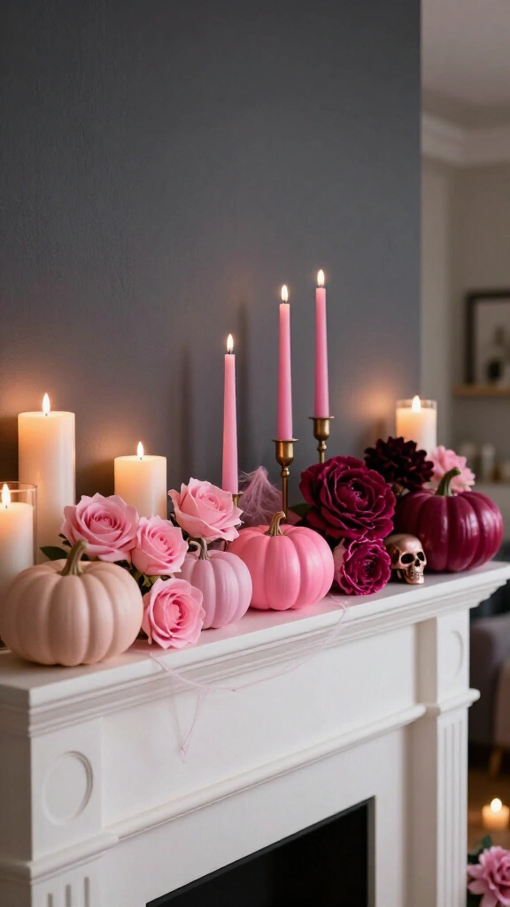Pink ombre Halloween fireplace mantle