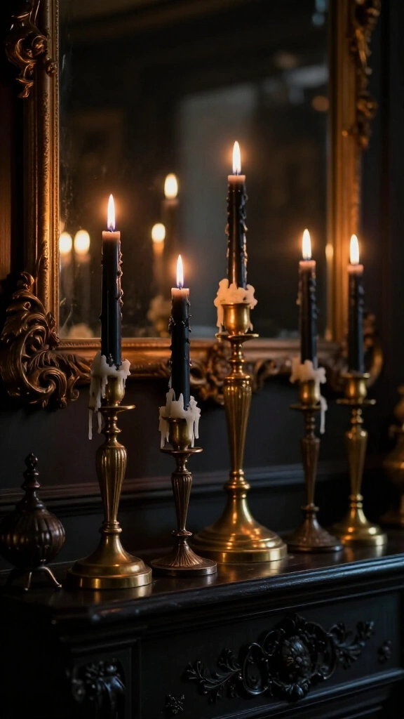 Antique brass candlesticks with black taper candles