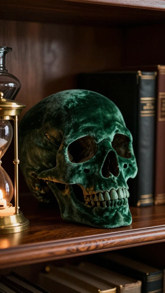 Velvet skull accents on bookshelves