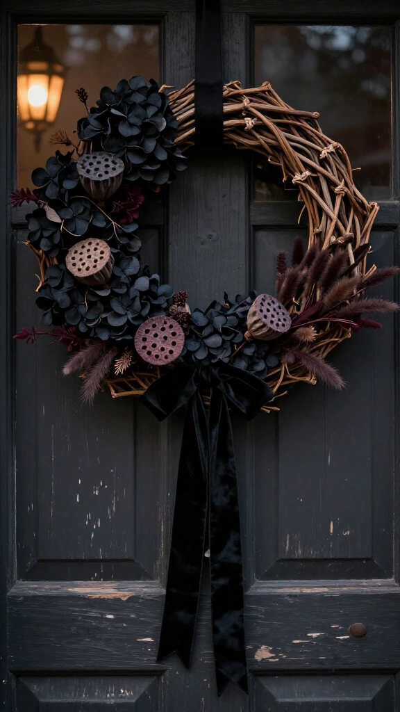 Dried floral wreaths with dark velvet ribbons