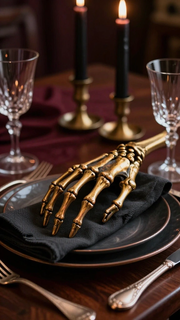 Gilded skeleton hands on formal table settings