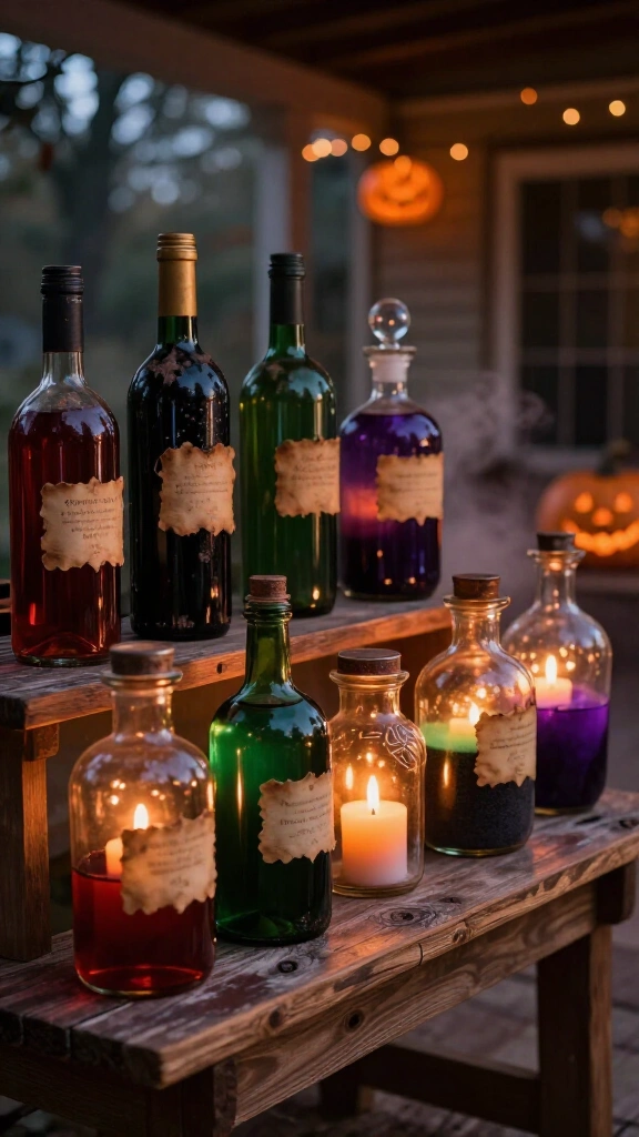 Potion bottle collection on porch shelves