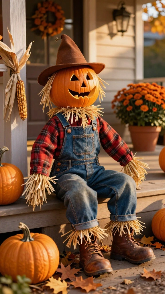 Scarecrow sitting on the porch steps