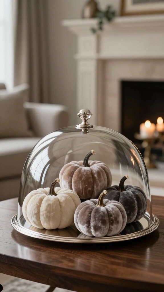 Silver cloches housing velvet pumpkins