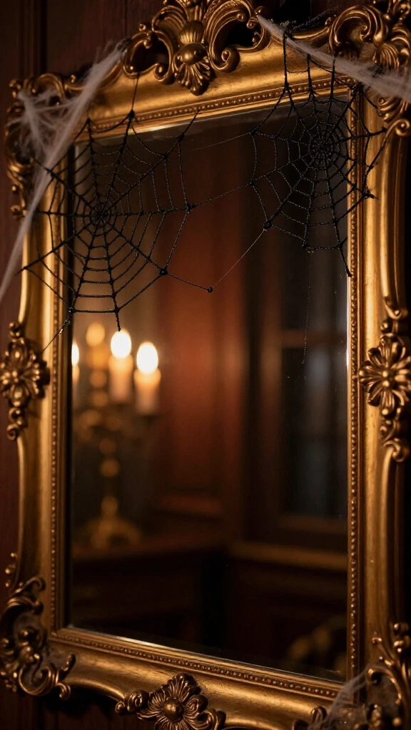 Subtle spider web accents on framed mirrors