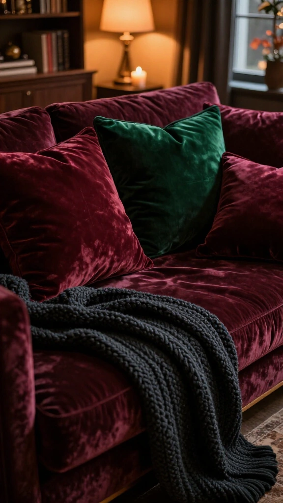 Deep burgundy and emerald velvet pillows