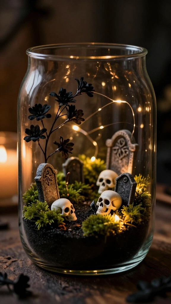 Halloween terrarium with mini graveyard scene