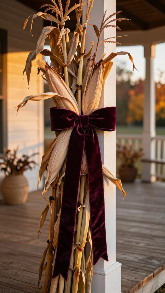 Velvet ribbons on natural cornstalks