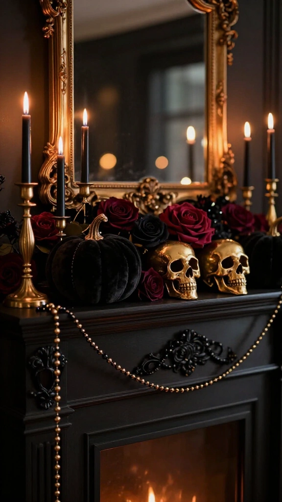 Glam Halloween: gold and black luxe mantel