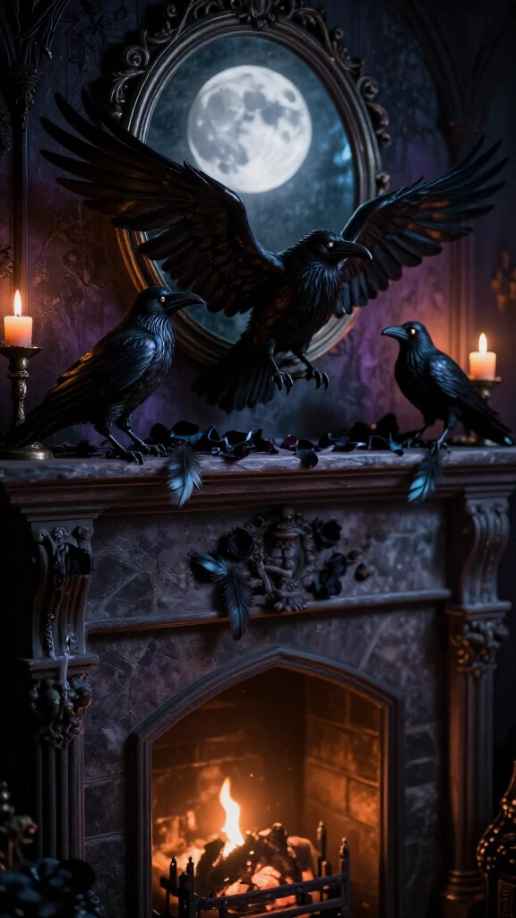 Ravens and moonlight mantel scene