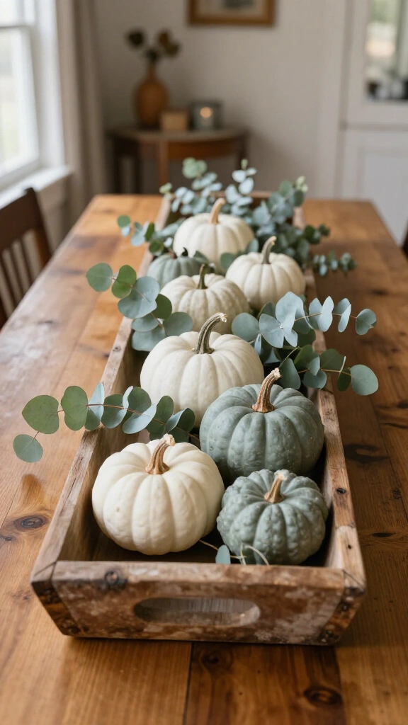 Bleached pumpkin and eucalyptus garland trough