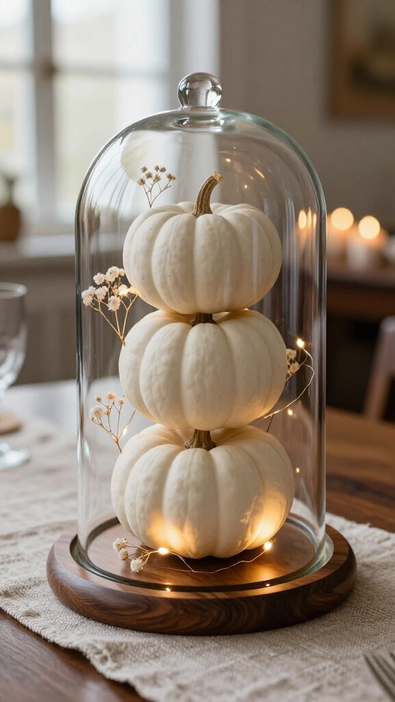Monochromatic white pumpkin stack in a cloche