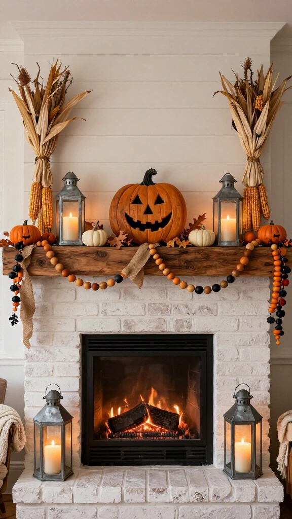 Farmhouse Halloween mantel with natural elements