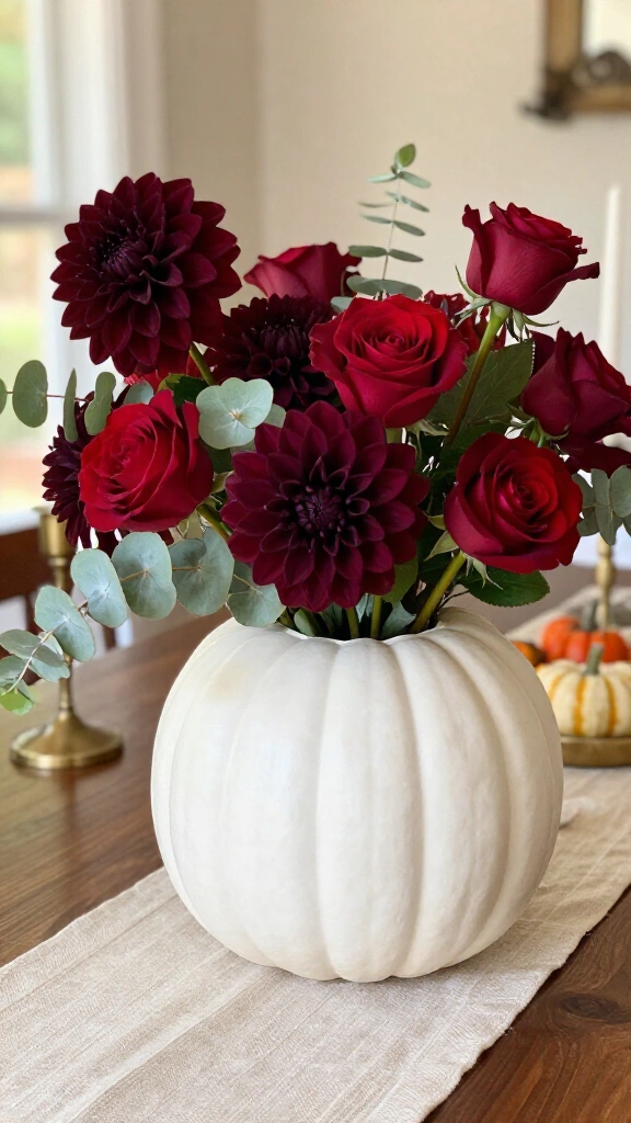 Carved pumpkin floral vase with burgundy dahlias