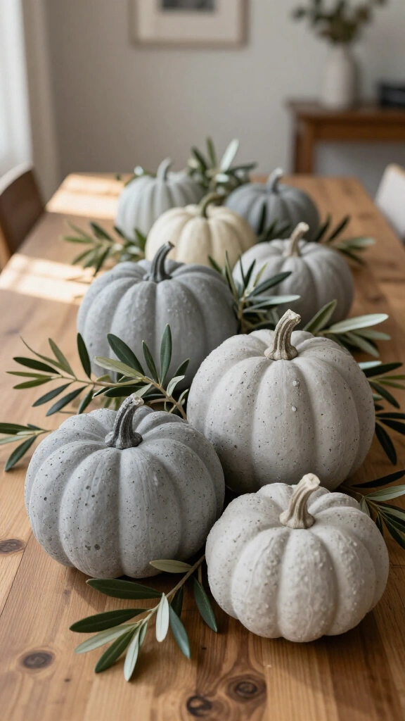 Concrete-look spray painted pumpkins with olive branches