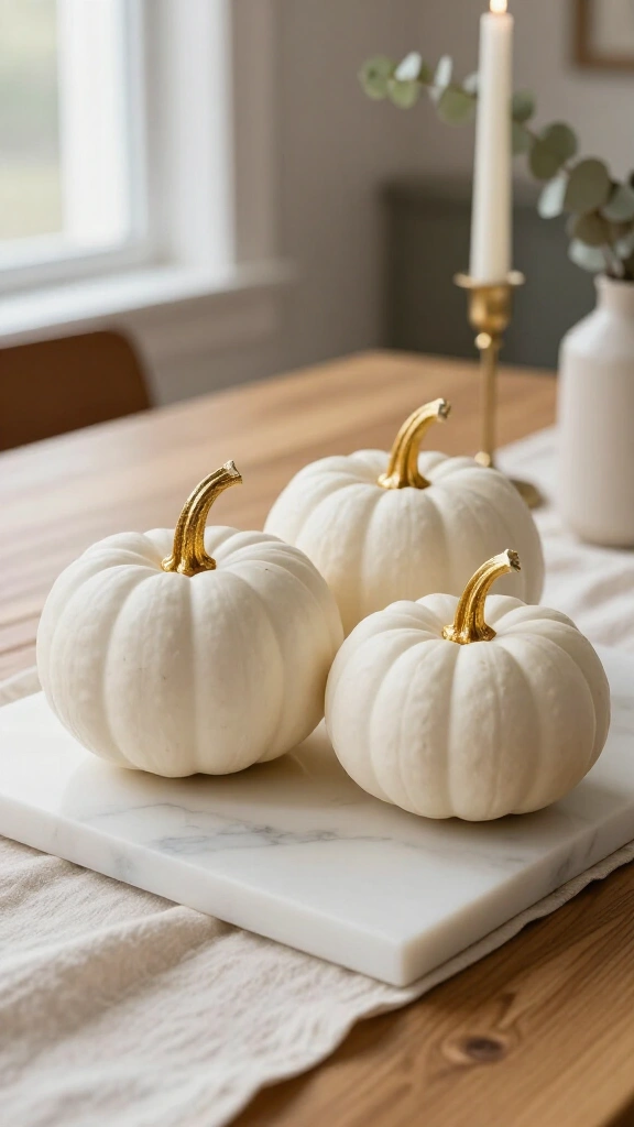 Gilded stem white pumpkin trios on marble slabs