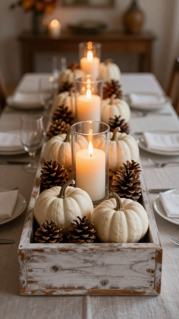 Distressed wood box with white pumpkins and pillar candles