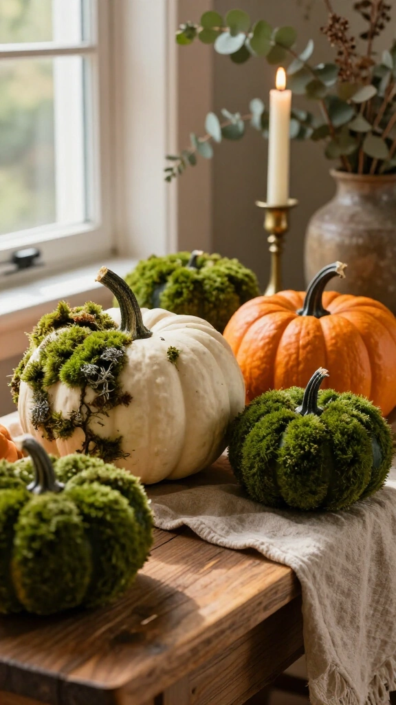 Faux moss-covered pumpkins