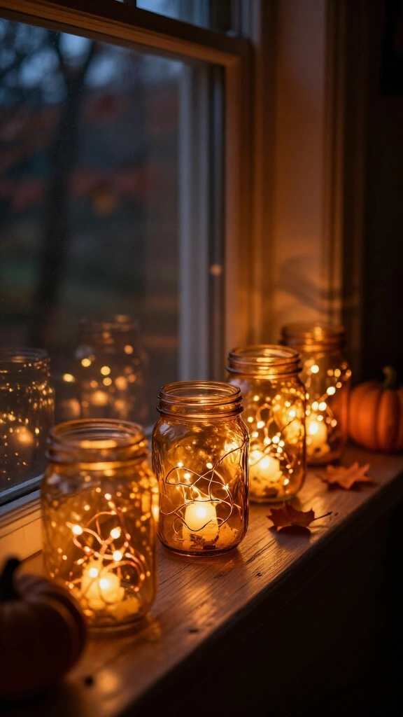 Warm amber string lights in mason jars