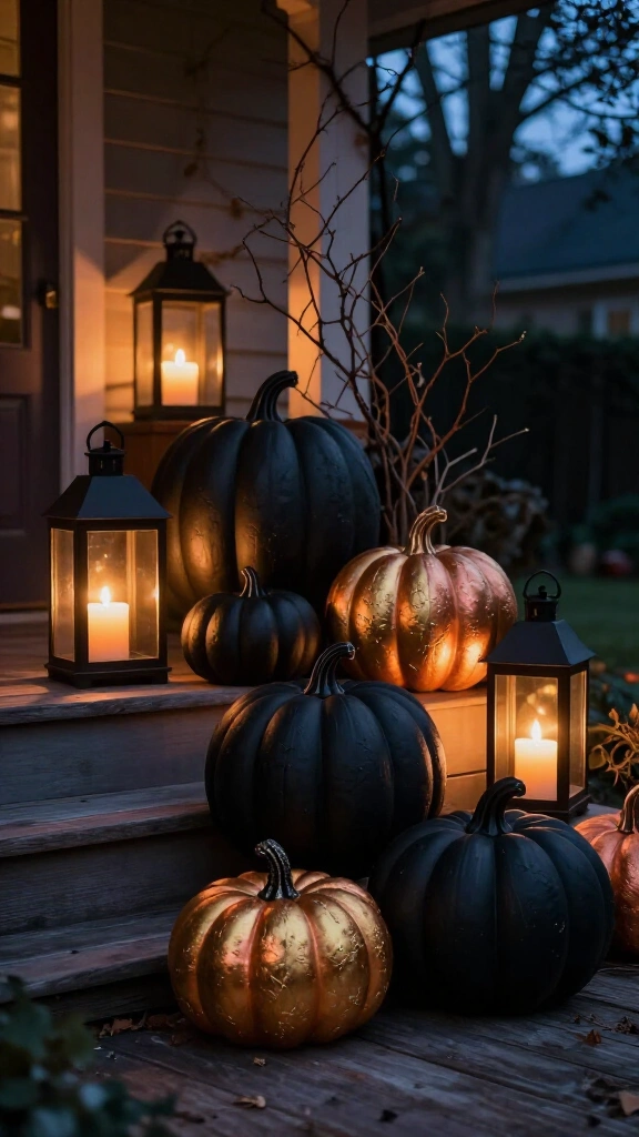 Painted black pumpkin display