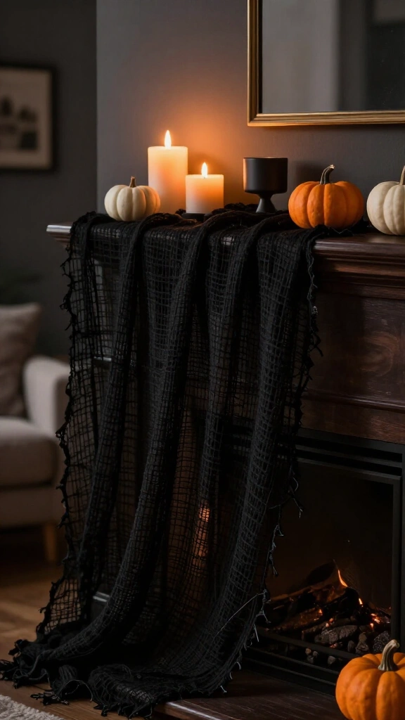 Moody black cheesecloth mantel runner
