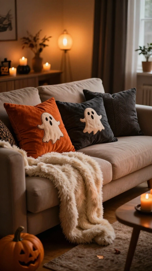 Cozy spooky throw pillows and plush blankets
