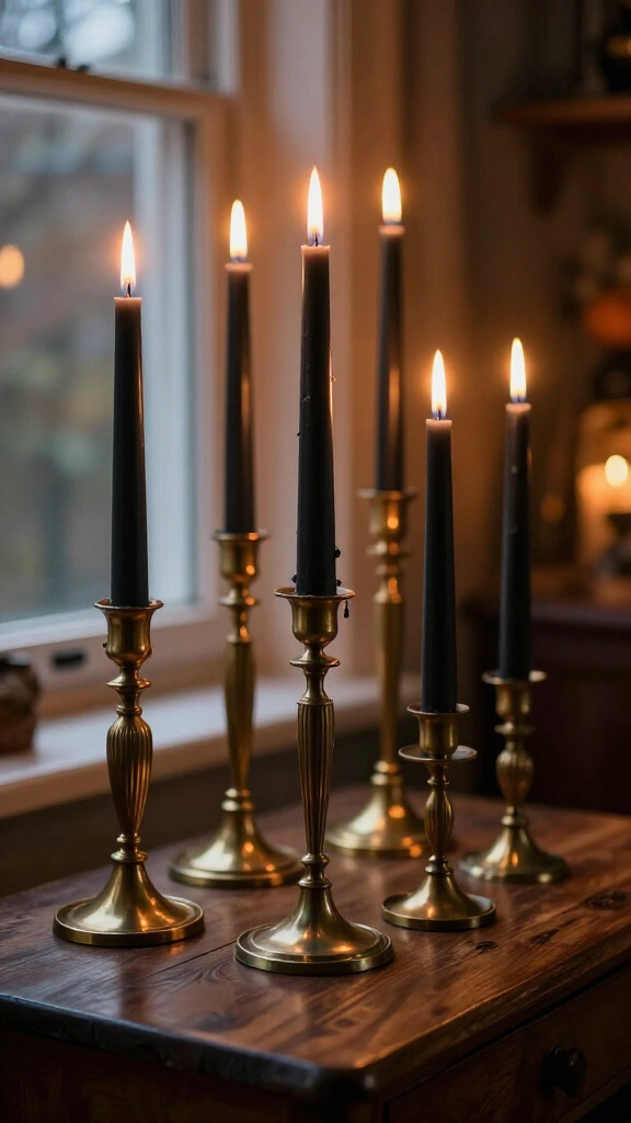 Vintage brass candlesticks with black tapers