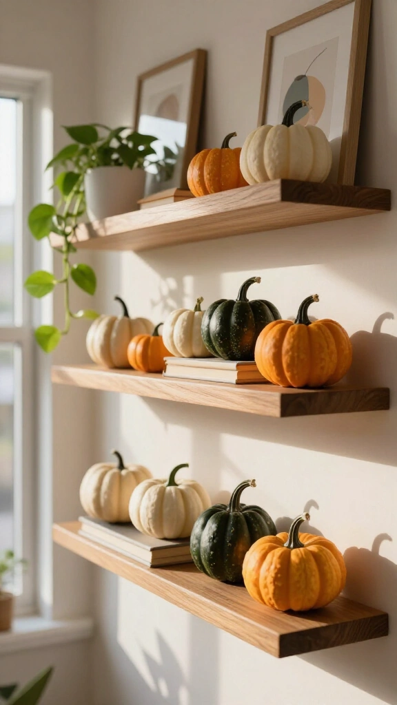 Miniature pumpkin patch on floating shelves