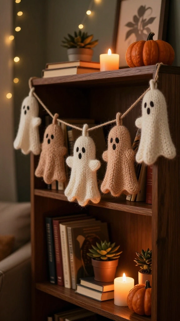 Knit ghost garland across bookcases